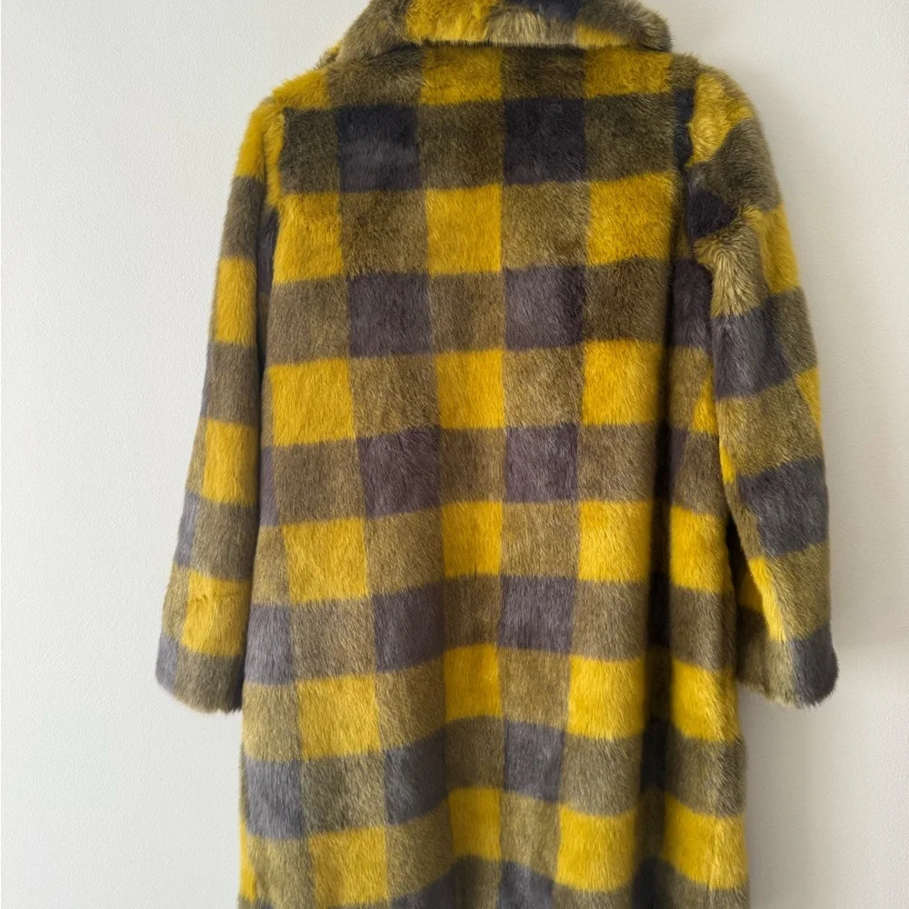 Yellow & purple/ Gray Plaid Faux-Fur Coat - Women's Statement Outerwear - Picture 6 of 6